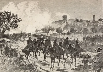Soldats italiens à cheval se déplaçant de Copreno à Cermenate, Italie, gravure d