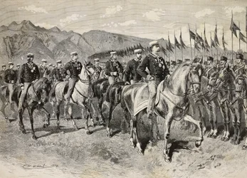 Le roi Umberto I inspecte les lanciers de Florence, avec le général Martin di Montu derrière lui, 28 septembre, exercices de cavalerie à Pordenone, Italie, gravure d