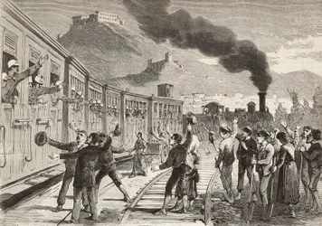 Hommes et femmes disant au revoir aux soldats italiens partant de la gare de Cassino, Italie, gravure d