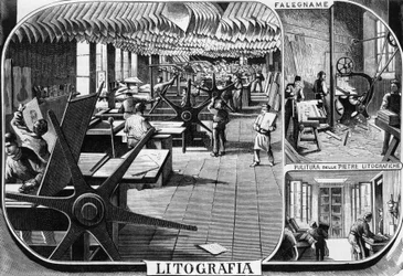 Bureaux des frères Treves, département de lithographie, Milan, Italie, illustration de Quinto Cenni