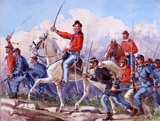Risorgimento : les troupes de Giuseppe Garibaldi marchant sur Rome. Aquarelle de Quinto Cenni 1892