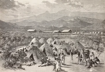 Tentes du camp de réfugiés de Zula, Arafali, Érythrée, gravure par Cantagalli d
