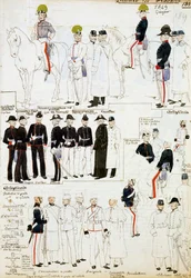 Uniformes du Duché de Modène en 1849, planche du Codex Cenni, collection de croquis militaires à l