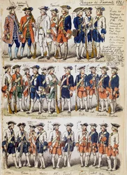 Uniformes des troupes du Royaume de Piémont en 1744, planche tirée du Codex Cenni, collection de croquis militaires dessinés par Quinto Cenni