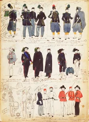 Divers uniformes italiens en usage courant entre 1847 et 1870 par Quinto Cenni, planche en couleur