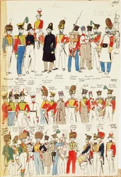 Divers uniformes, datant de 1826 à 1829. Planche en couleur par Cenni Quinto