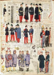 Divers uniformes des États pontificaux de 1865. Planche en couleur par Cenni Quinto
