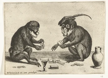 Deux singes jouant aux cartes (Verschillende bedrijven uit het menselijke leven door apen voorgesteld, het Apespel inde werelt)