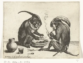 Deux singes fumant une pipe Divers métiers de la vie humaine représentés par des singes (titre de la série) le Jeu des singes dans le monde (titre de la série)