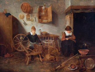 Un intérieur avec un vieil homme filant et une vieille femme cousant près d