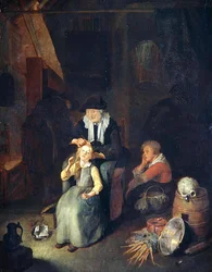 Intérieur de cottage avec une femme peignant les cheveux d