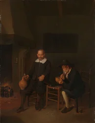 Intérieur avec deux hommes au coin du feu