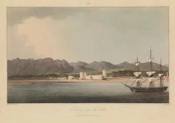 Seize vues de lieux dans le golfe Persique contre les pirates arabes