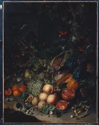 Pêches, raisins, grenades, melons, un épi de maïs, abricots, prunes, poires, glands