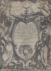 Frontispice avec deux figures tenant des rouleaux et des chérubins flanquant le cartouche au centre, 1606-07