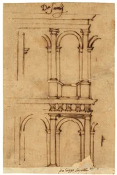 Esquisse du théâtre de Marcellus, Rome (plume et encre brune, sur papier calque huilé)