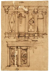 Projet de décoration murale (stylo et encre brune, sur papier calque huilé)