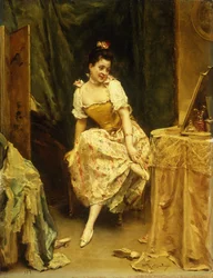 Jeune femme à une coiffeuse