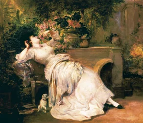 Femme dans un jardin. Peinture de Ramón Martí i Alsina (1826-1894), seconde moitié du XIXe siècle.