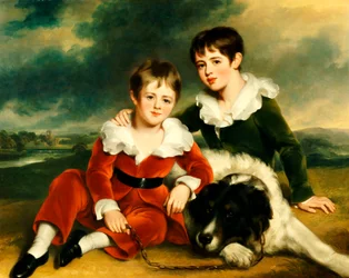 Portrait de deux garçons avec leur chien Terre-Neuve
