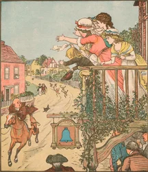 John Gilpin passe au galop devant le Bell Inn tandis que sa femme et ses enfants saluent depuis le balcon, 1878