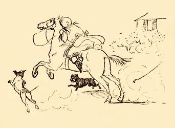 John Gilpin est poursuivi par des chiens alors que son cheval galope hors de contrôle, 1878, c1918