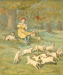 Le garçon fermier joue de sa flûte tandis que les agneaux dansent autour de son bâton de berger, vers 1881