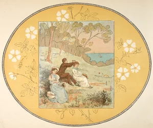 Deux femmes et un homme assis dans une clairière près de la côte. Bordure florale.