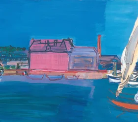 Bateaux mer petits drapeaux maisons petit port quai voiles