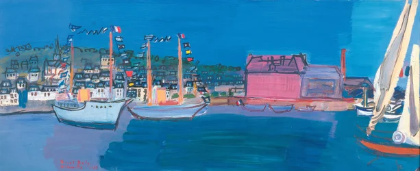 Bateaux mer petits drapeaux maisons petit port quai voiles