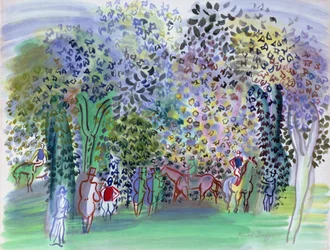 Chevaux et jockeys sous les arbres, vers 1930-1 (aquarelle)