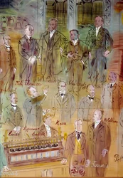 La Fee Electricite, détail : Portraits de différents intellectuels et scientifiques : Jules François Joubert, Elihu Thomson, Ernst Werner Siemens, Charles Proteus Steinmetz, Marcel Deprez, Gaston Plante, Gabriel Lippmann, John Kerr, Maurice Leblanc, Humphr