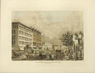 Coin des rues State et Washington, Chicago, en 1865