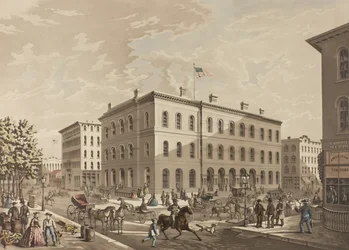 Coin N.O. des rues Dearborn et Monroe, Chicago, montrant le bâtiment de la Poste en 1865