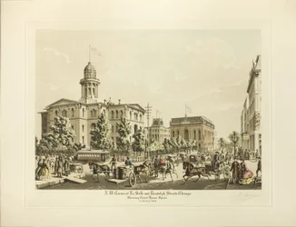 Coin nord-ouest de LaSalle et Randolph, Chicago, montrant la place du palais de justice en 1864
