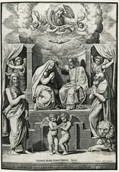 Couronnement de la Vierge en présence de saint Jean-Baptiste et de saint Jérôme