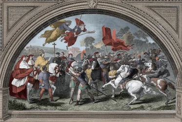 Représentation du pape Léon Ier, dit le Grand (390-461), face au chef des Huns Attila (ca. 395-453) en 452 à Mantoue - Invasions barbares - Le pape Léon Ier le Grand rencontrant le roi des Huns Attila en 452 (d