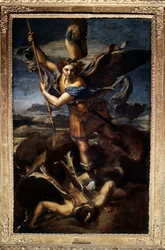 Saint Michel terrassant le dragon ou le grand Saint Michel Peinture par Raffaello Sanzio dit Raphaël 1518 Paris, musée du Louvre