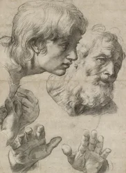 Études des têtes de deux apôtres et de leurs mains