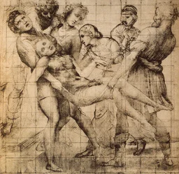 Dessin préparatoire pour le Transport du Christ mort également connu sous le nom de pala Baglioni; œuvre de Raphaël. Gabinetto dei Disegni e Stampe, Uffizi, Florence