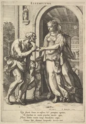 Aumône : une femme avec une coiffe de perles et une auréole donne du pain à deux mendiants masculins, 1589