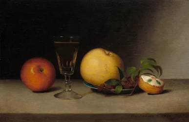 Nature morte avec pommes, sherry et gâteau au thé