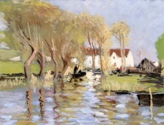 Barque on a channel, Gironde estuary (gouache on paper)