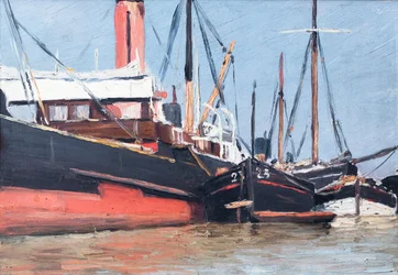 Bateaux dans un port (huile sur bois)