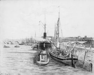 Bateaux dans le port de Bordeaux, vers 1900 (crayon et fusain sur papier)