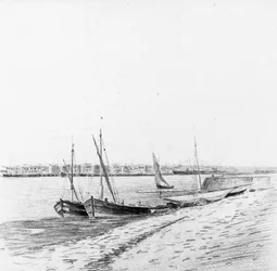 Bateaux dans le port de Bordeaux, vers 1900 (crayon et fusain sur papier)