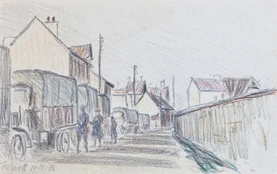 Convoi de véhicules militaires à Trilport, c1914-18 (crayon sur papier)