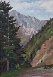 Sapin et montagne, Pyrénées (huile sur bois)
