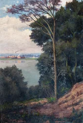 Paysage avec rivière et usine