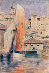 Le port de Bourg-sur-Gironde avec une gabare (crayon et pastel sur papier)